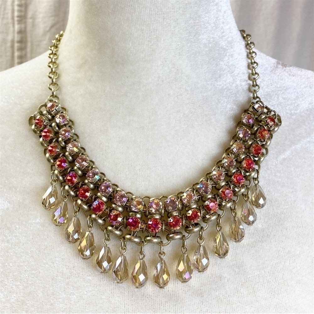 Loft gold tone pink Rhinestone Statement necklace